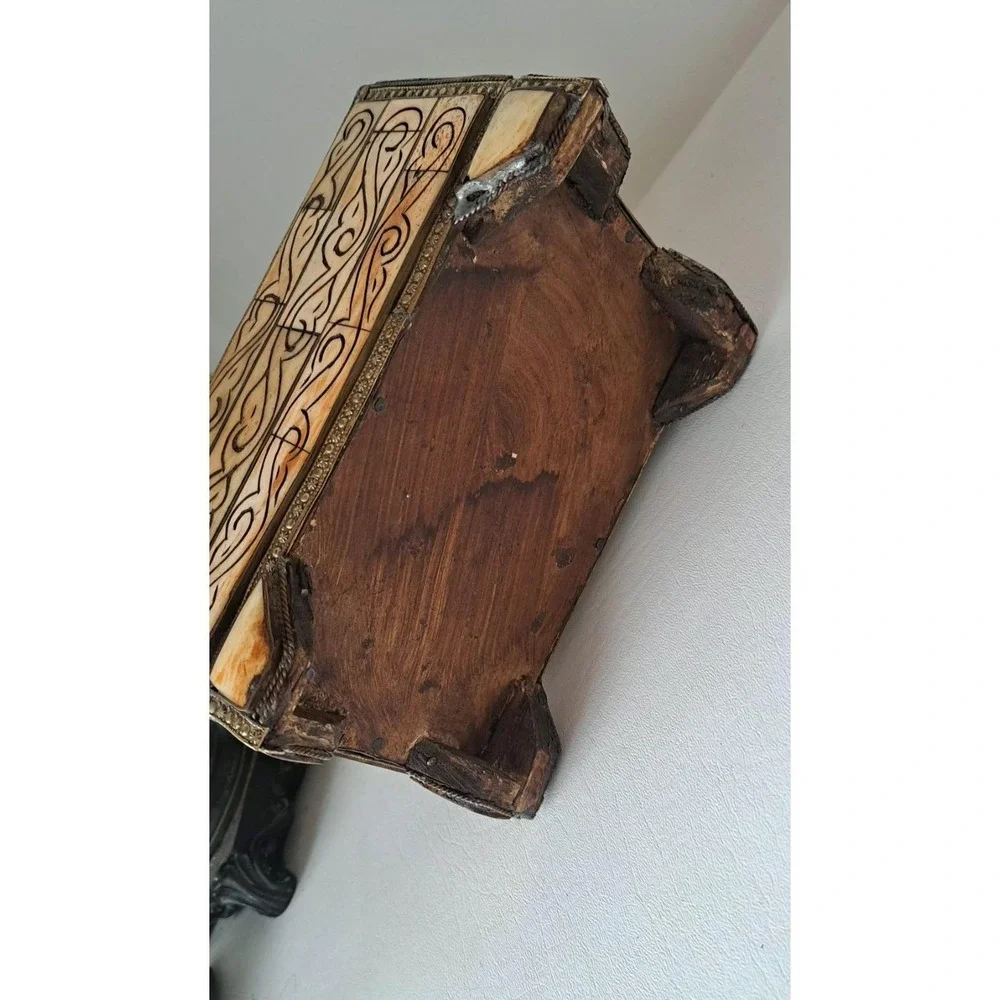 Antique Moroccan Camel Bone with Brass & Copper Inlay Dowry Chest